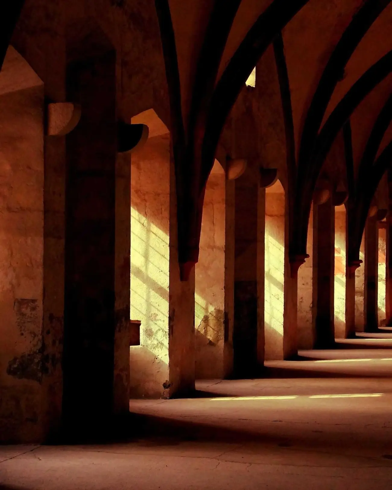 Galerie voûtée en pierre baignée de lumière chaude